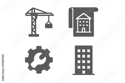Construction icons depicting building process and tools in a minimalist style