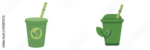 Green cups with plant motifs and straws representing eco-friendly beverage options for a sustainable lifestyle