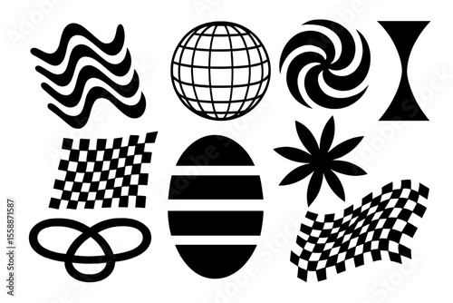 Dynamic black and white abstract shapes arranged in a grid pattern showcasing various designs and forms