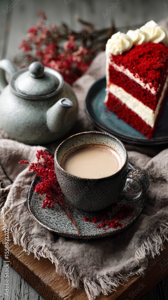 Fototapeta premium Red velvet cake with hot chocolate drink for Valentine's day holiday. toning 