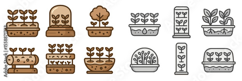 Various illustrations of plant pots and growth structures depicting different stages of plant development in a minimalistic style