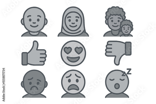Variety of emoji faces expressing diverse emotions and social interactions in a simple graphic design