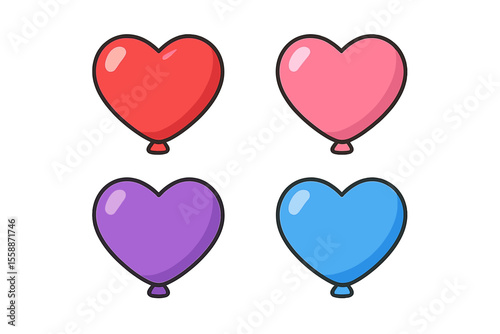 Colorful heart-shaped balloons in red, pink, purple, and blue for celebrations and decorations