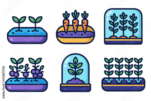 Gardening concepts featuring seedlings, carrots, and plants in hydroponic environments throughout different stages of growth