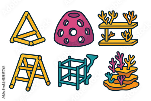Colorful collection of play structures designed for children's fun and creativity in warm outdoor environments