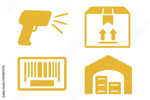 Visual representation of inventory management tools including a scanner, package, barcode, and warehouse storage solutions