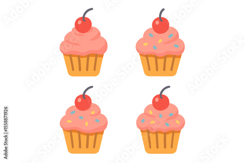 Colorful cupcakes with icing and cherries arranged in a cheerful display for a festive occasion