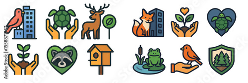 Icons representing nature conservation, wildlife protection, and urban greenery designed for environmental awareness campaigns
