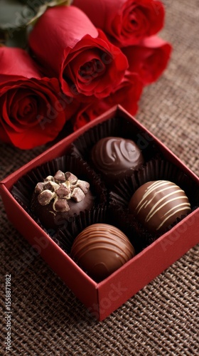 Valentine's Day Box of Chocolates and Red Roses