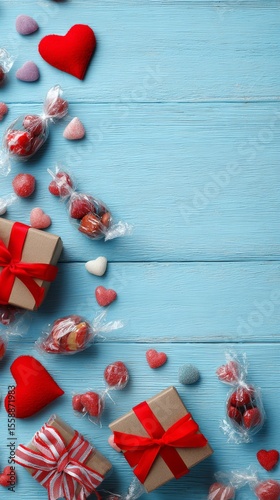 Valentine day composition: sweet candy, with gift boxes with bow and red felt hearts, photo template, background. Top View with copy space. 
