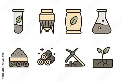 Various icons representing elements of soil science and agricultural processes in a clear, modern design suitable for educational use
