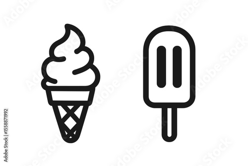 Two types of frozen desserts, one in a cone and the other on a stick, showcasing unique shapes and textures