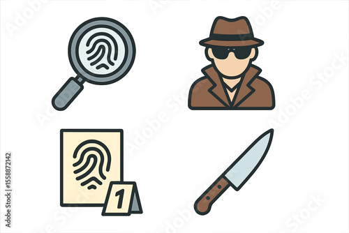 Detective tools for investigation including fingerprints, a magnifying glass, and a knife