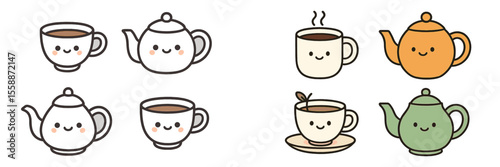 Cute cartoon teapots and cups with smiling faces in a cheerful design for beverage lovers