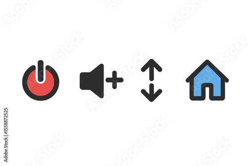 Symbols representing power, volume, navigation, and home features in a digital user interface