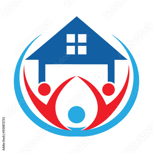 Blue house with red and blue figures inside a circle home family
