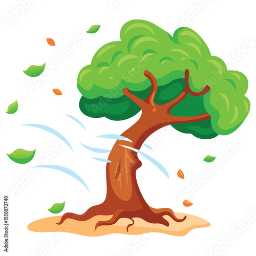 Cartoon tree in wind illustration with blowing leaves and wind gusts for weather concepts design