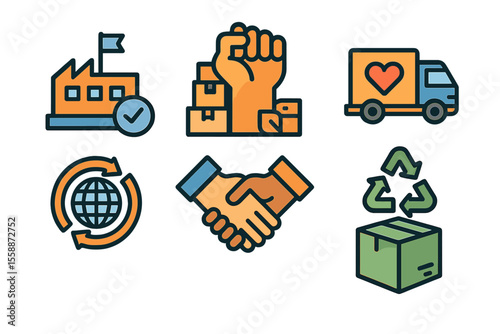 Icons representing various aspects of logistics, shipping, and sustainability in a modern business environment