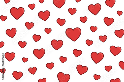 Pattern of red hearts scattered on a white background for festive decorations and celebrations