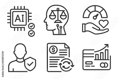 Icons representing artificial intelligence, ethics, data analysis, and personal finance concepts suitable for technology discussions