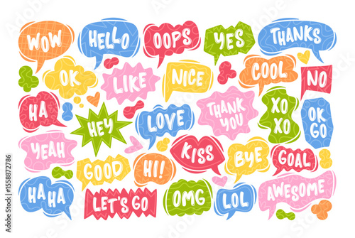 Cute colorful cartoon speech bubbles with romantic, comic text and exclamation phrases for message