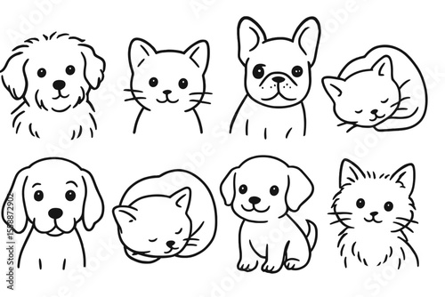 Cute cartoon pets including dogs and cats in various playful and relaxed poses illustrated against a simple background