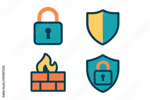 Icons depicting cybersecurity concepts featuring locks, shields, and firewalls representing digital protection and safety measures