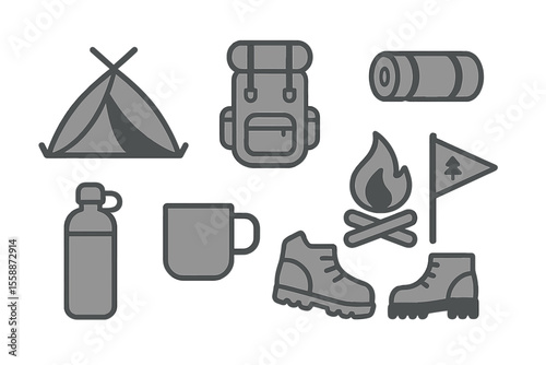 Essential camping gear including tent, backpack, sleeping bag, and boots arranged for outdoor adventure preparation