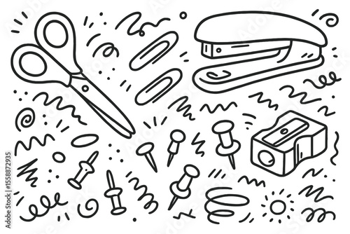 Craft supplies including scissors, a stapler, and paper clips arranged among colorful doodles on a white background