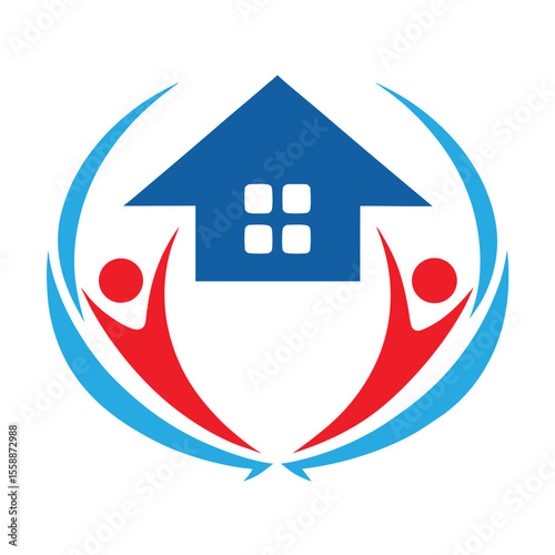 Blue house with red figures and blue arcs home family