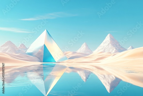 3d render, abstract fantastic background. Desert landscape with sand water and glossy metallic triangles under the clear blue sky