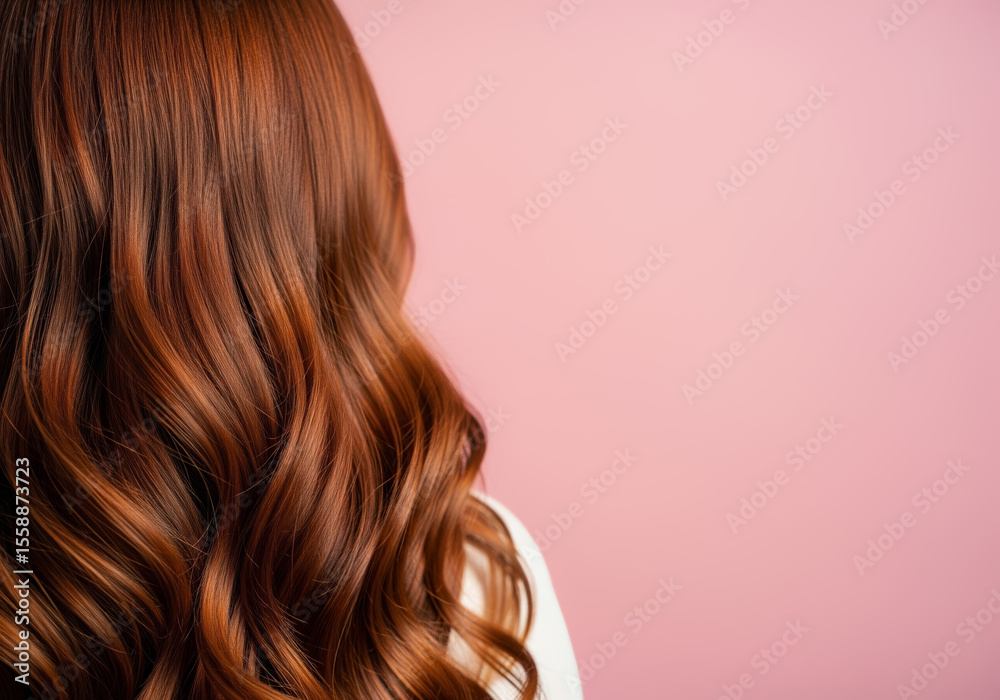 Fototapeta premium Luxurious Auburn Waves Cascading Against Soft Pink Studio Background