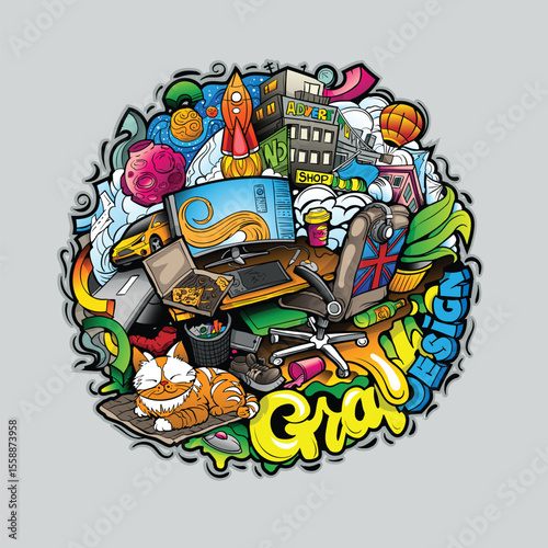 Graphic Design, its a doodle vector collage, With all everyday surroundings.