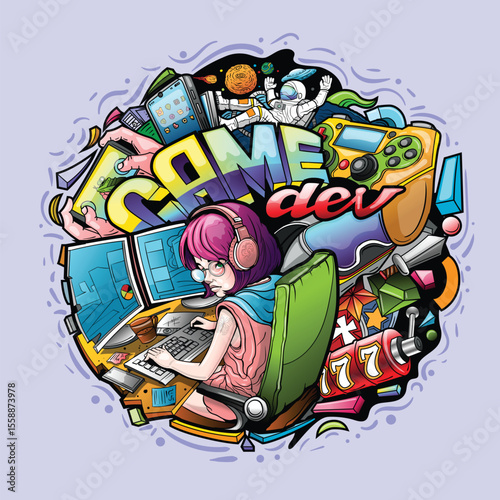 Game development, doodles vector drawings, shows the employees working environment.