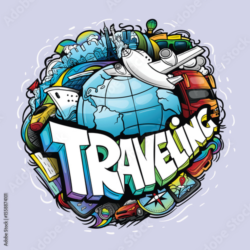 Doodle vector cartoon drawings. Traveling composition.