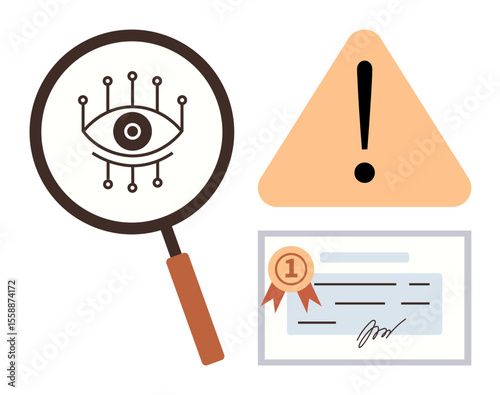 Magnifying glass with a digital eye, warning sign, and certified document emphasize security, data analysis, authentication, and warning. Ideal for cybersecurity, fraud detection, vigilance