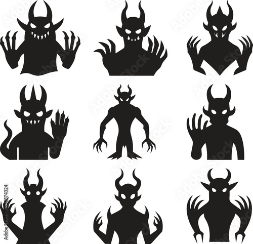 Silhouettes of Cartoon Devils for Halloween Design