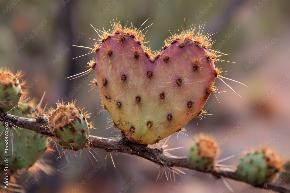 Cactus Heart. Love-shaped Prickly Pear Cactus with Nubes and Sharp Thorn in Desert Cactus Heart. Love-shaped Prickly Pear Cactus with Nubes and Sharp Thorn in Desert