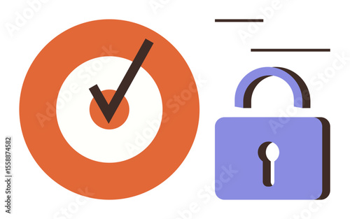 Checkmark inside an orange circle signifies goal achievement, paired with a purple lock symbolizing security. Ideal for productivity, protection, authentication, trust, success, cybersecurity, simple