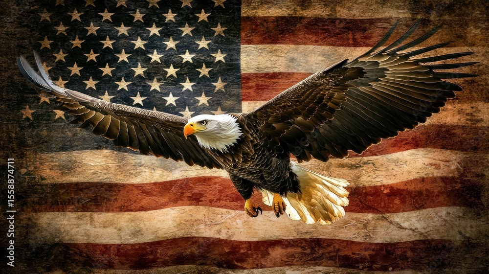 Naklejka premium A bald eagle soaring against a grungy American flag backdrop.