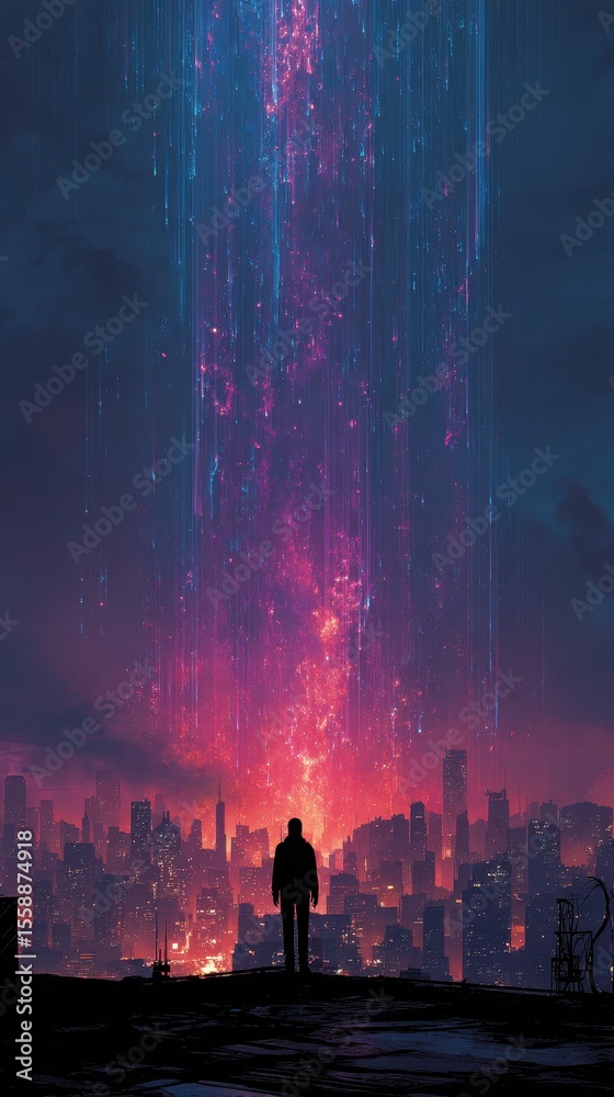 Obraz premium Majestic Cityscape at Night with Colorful Light Show in Sky