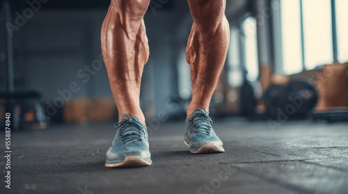Calves Muscle. Trained Legs with Muscular Calves in Sneakers at Training Gym for Hard Fitness and Crossfit Workout