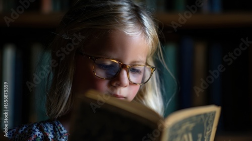 Young blonde girl with tortoiseshell glasses engrossed in reading an open book, wearing a floral-patterned top, surrounded by a bookshelf filled with various books in warm soft lighting.