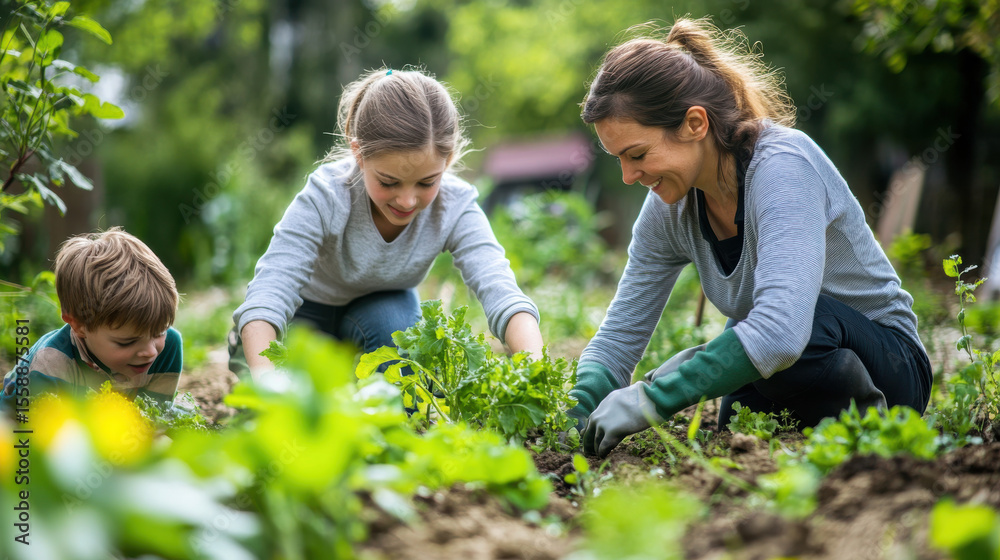 Fototapeta premium A family working together to clear weeds and plant vegetables in a community garden, with gardening tools and green plants in the background. —ar 16:9 