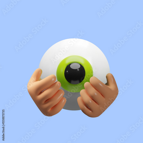 3D illustration of a human eye being gently held by two hands. Symbol of care, protection eye health. Ideal for World Sight Day, medical concepts, vision awareness campaigns, and healthcare visuals.