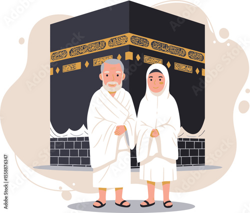 Elderly Muslim couple in Ihram clothing on Umrah pilgrimage in Mecca.
