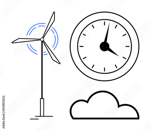 Wind turbine generates energy, clock signifies time, cloud suggests clean environment. Ideal for renewable energy, time management, sustainability, environment, clean energy, climate change