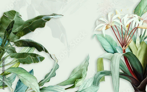 Tropical floral background with banana leaves and white flowers illustration
