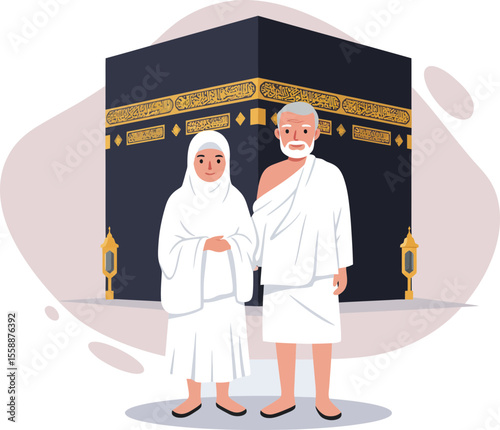 Elderly Muslim couple in Ihram clothing on Umrah pilgrimage in Mecca.