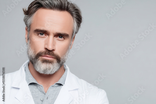 portrait of proctologist in white coat focused expression positioned to right on neutral gray background